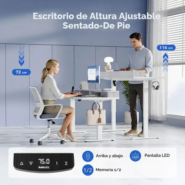 Agilestic · Escritorio elevable eléctrico 160 × 60 cm con 2 cajones — vista 3
