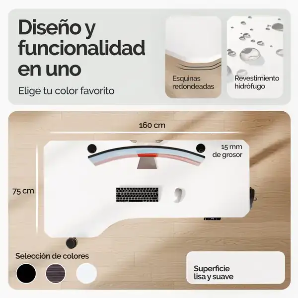 CASARIA · Escritorio elevable 160 × 75 cm con temporizador y pantalla LCD — vista 2