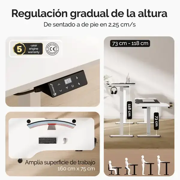 CASARIA · Escritorio elevable 160 × 75 cm con temporizador y pantalla LCD — vista 4