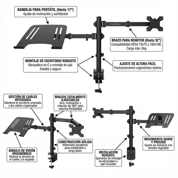 CoolBox MP01 · Soporte doble para monitor de 32" y portátil de 17" — vista 4