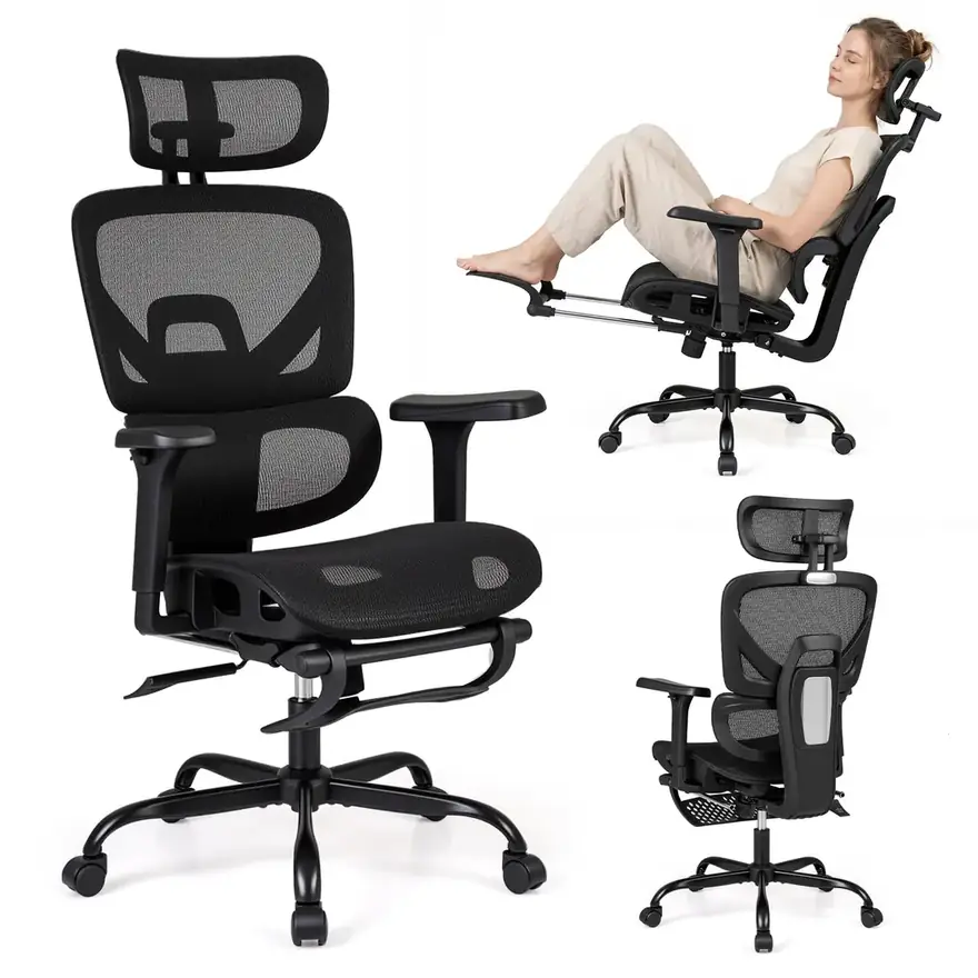 COSTWAY · Silla ergonómica con reposapiés y reposabrazos 3D de giro 360°