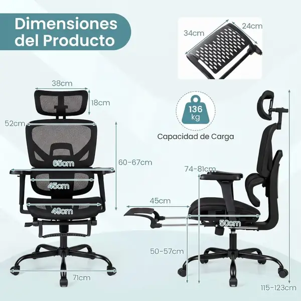 COSTWAY · Silla ergonómica con reposapiés y reposabrazos 3D de giro 360° — vista 3