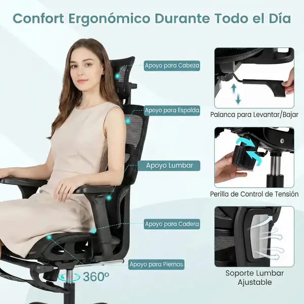 COSTWAY · Silla ergonómica con reposapiés y reposabrazos 3D de giro 360° — vista 4