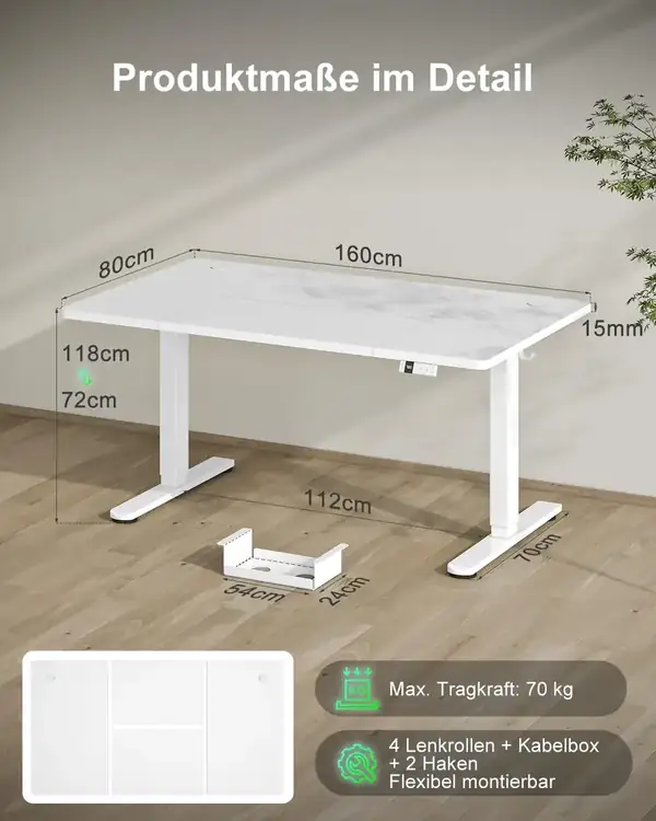 Devoko · Escritorio elevable eléctrico 160 × 80 cm con USB-C — vista 2