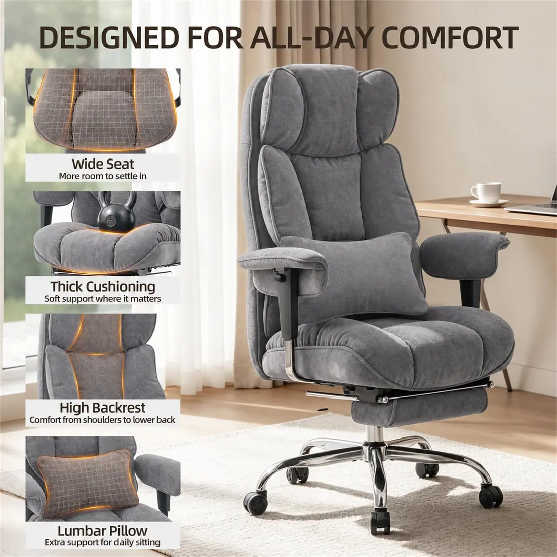 Efomao · Silla de oficina acolchada reclinable con reposapiés — vista 4