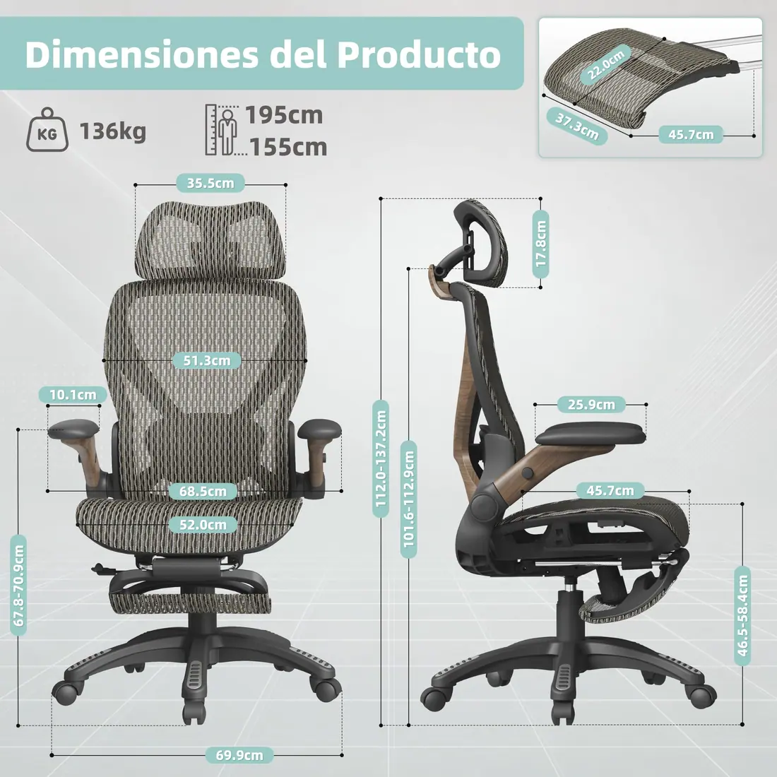ELABEST · X100, silla ergonómica de malla con reposapiés retráctil — vista 2
