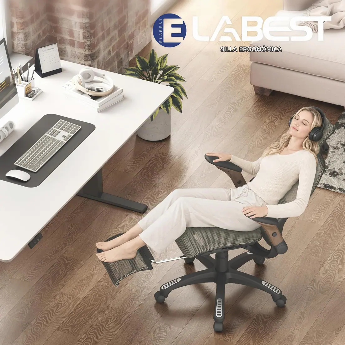 ELABEST · X100, silla ergonómica de malla con reposapiés retráctil — vista 3