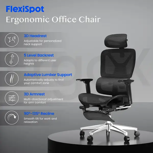 FLEXISPOT ErgoX · Silla ergonómica con respaldo 5D, reposacabezas 3D y reposapiés — vista 3