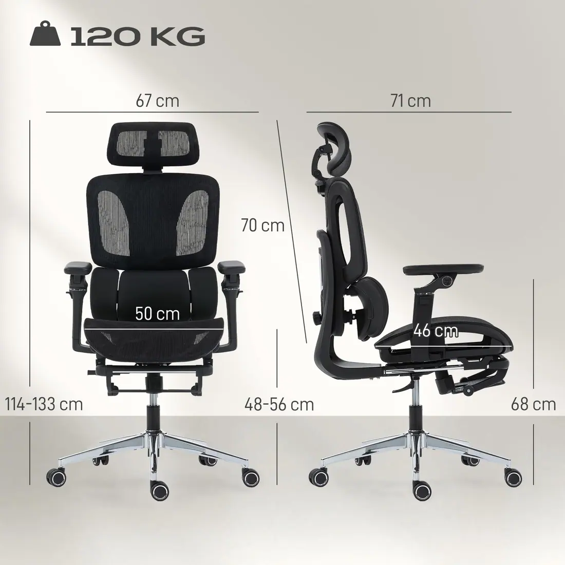 HOMCOM · Silla ergonómica de malla con reposabrazos 6D y reposapiés — vista 3