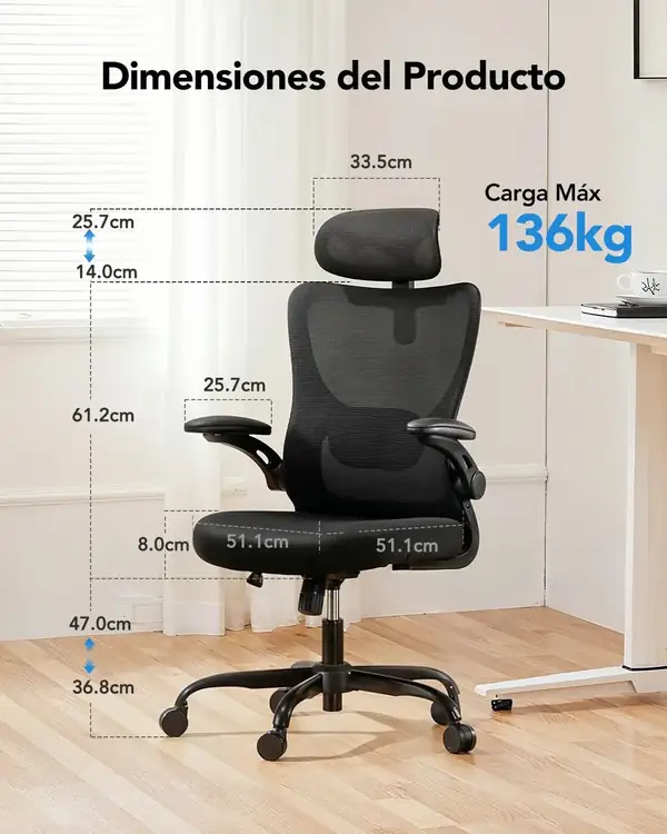 HUANUO · Silla ergonómica con lumbar 2D y reposabrazos 3D certificada SGS — vista 2