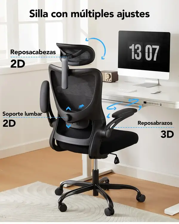 HUANUO · Silla ergonómica con lumbar 2D y reposabrazos 3D certificada SGS — vista 3