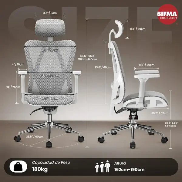 naspaluro · Silla ergonómica de malla con respaldo en 3 posiciones y 150 kg — vista 3