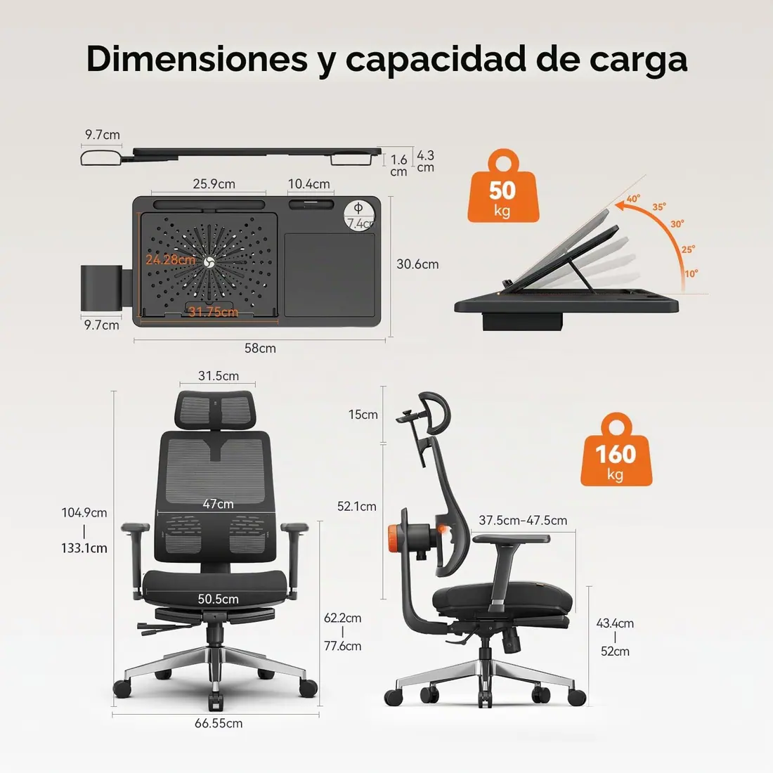 Newtral · MagicH-BPRO, silla ergonómica con bandeja para portátil — vista 3