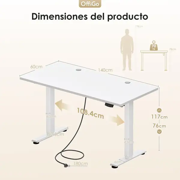 OffiGo · Escritorio elevable eléctrico 140 × 60 cm — vista 3