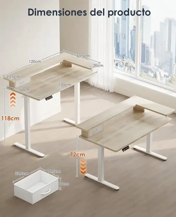 OffiGo · Escritorio elevable con soporte para monitor, cajón y USB 120 × 60 cm — vista 3