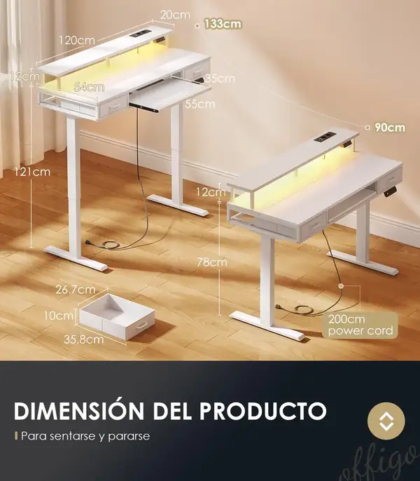 OffiGo · Escritorio elevable 120 cm con dos cajones, enchufes y luz LED — vista 4
