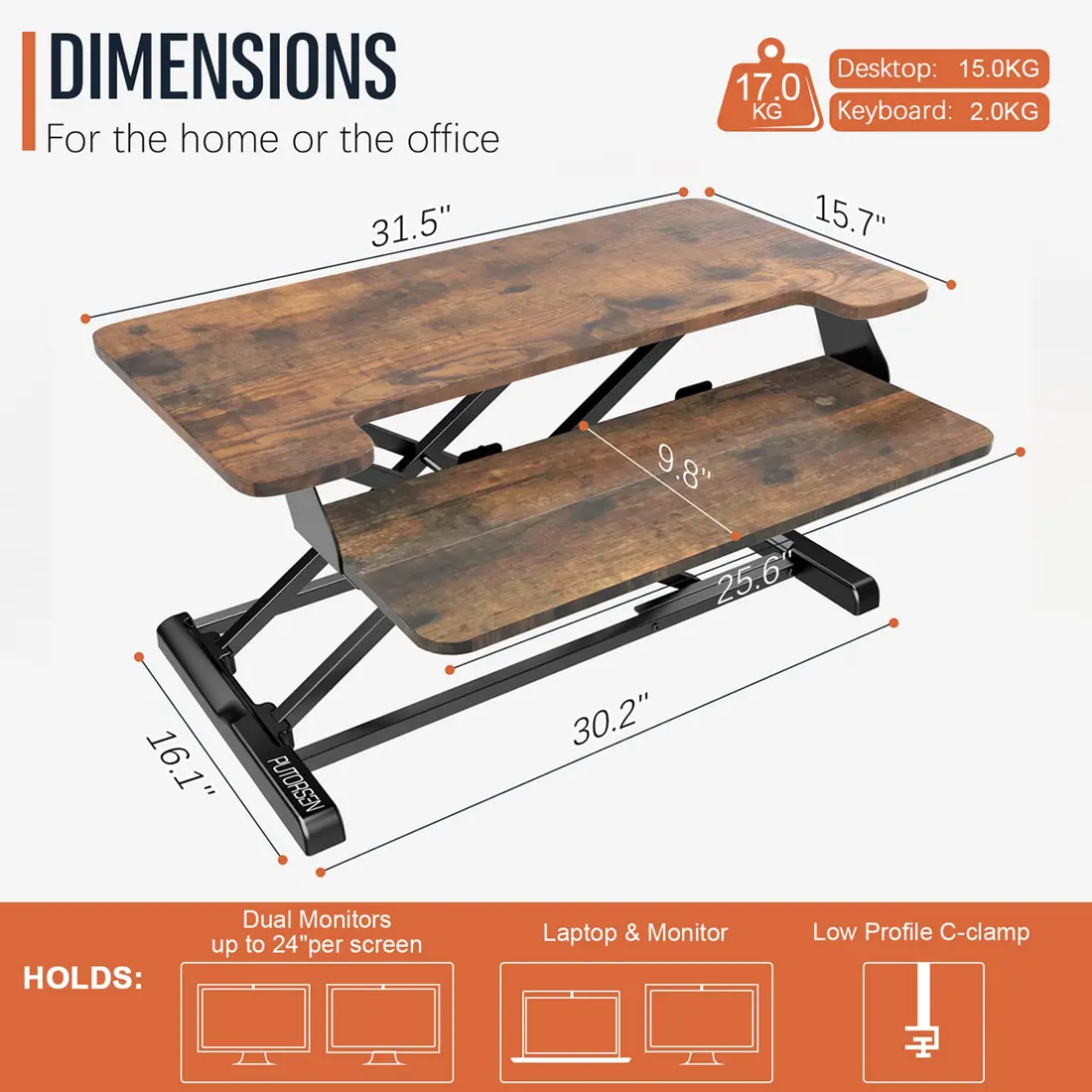 PUTORSEN · Convertidor de escritorio de pie 80 × 40 cm con bandeja de teclado — vista 3