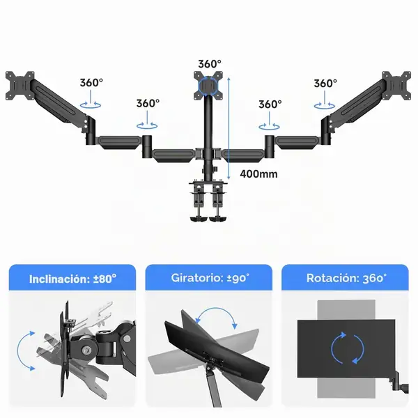 suptek MD8003 · Soporte de tres monitores con resorte de gas — vista 2