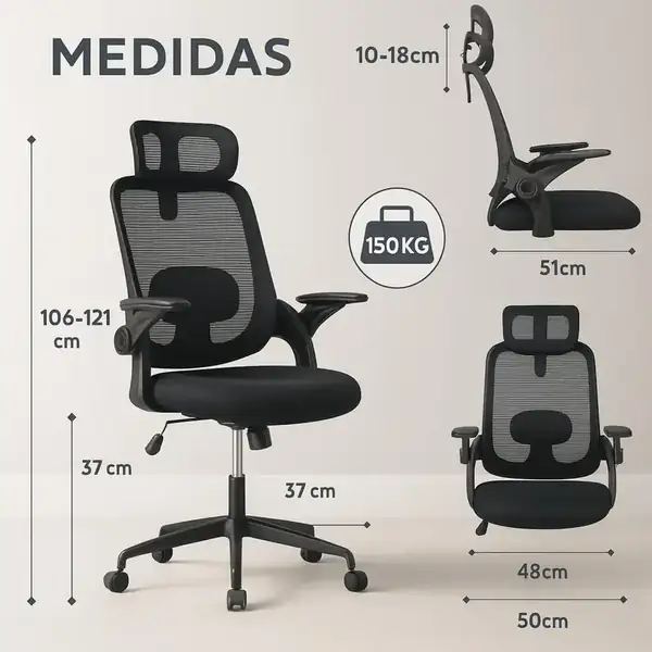 T-LoVendo · Silla de oficina de malla con reposacabezas ajustable — vista 3