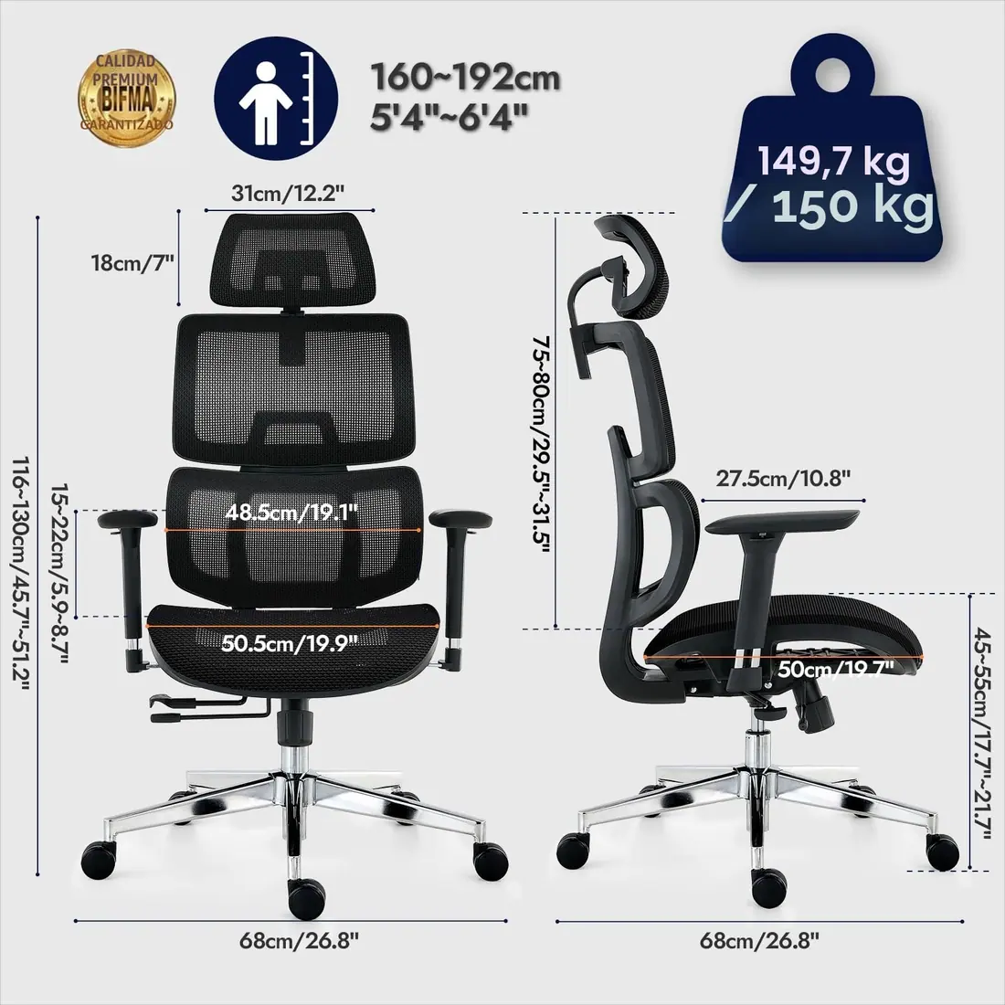 TONFARY · Silla ergonómica de malla con respaldo dividido, 150 kg — vista 3