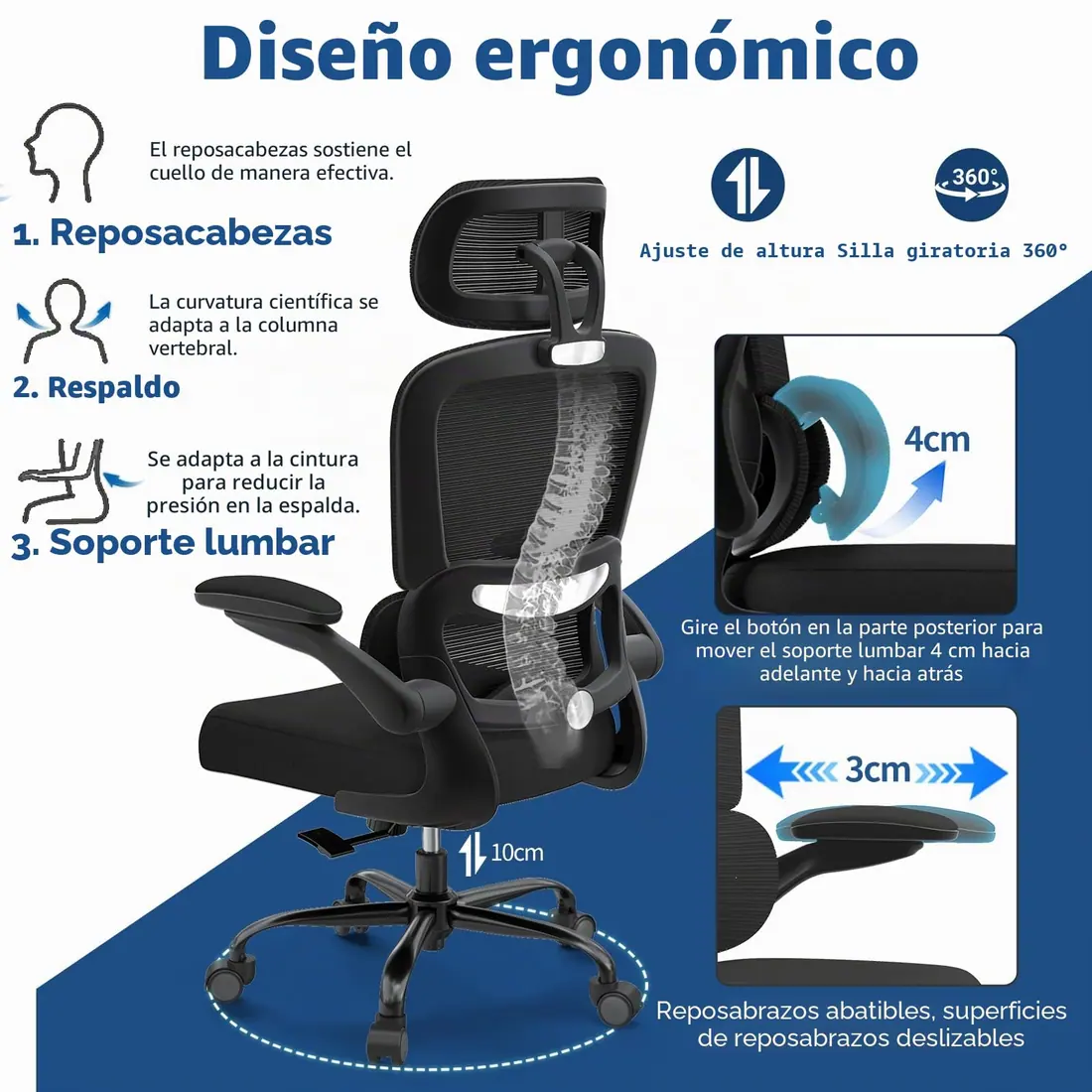 TRALT · Silla de oficina con soporte lumbar ajustable y reposacabezas — vista 2