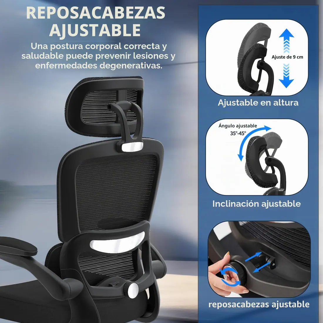 TRALT · Silla de oficina con soporte lumbar ajustable y reposacabezas — vista 4