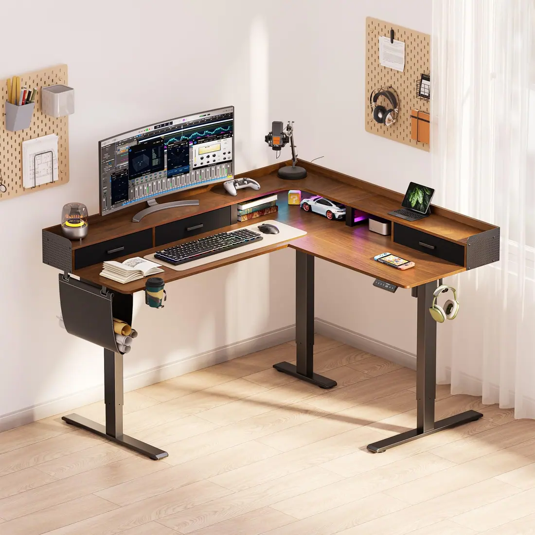 WALKINGDESK · Escritorio elevable en L 160 × 140 cm con tres cajones — vista 2