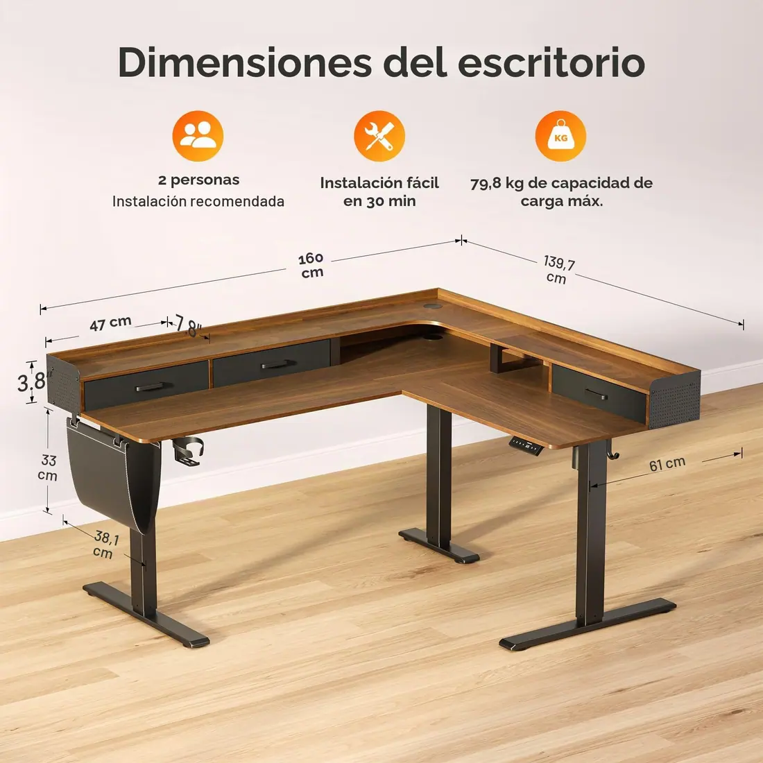 WALKINGDESK · Escritorio elevable en L 160 × 140 cm con tres cajones — vista 3