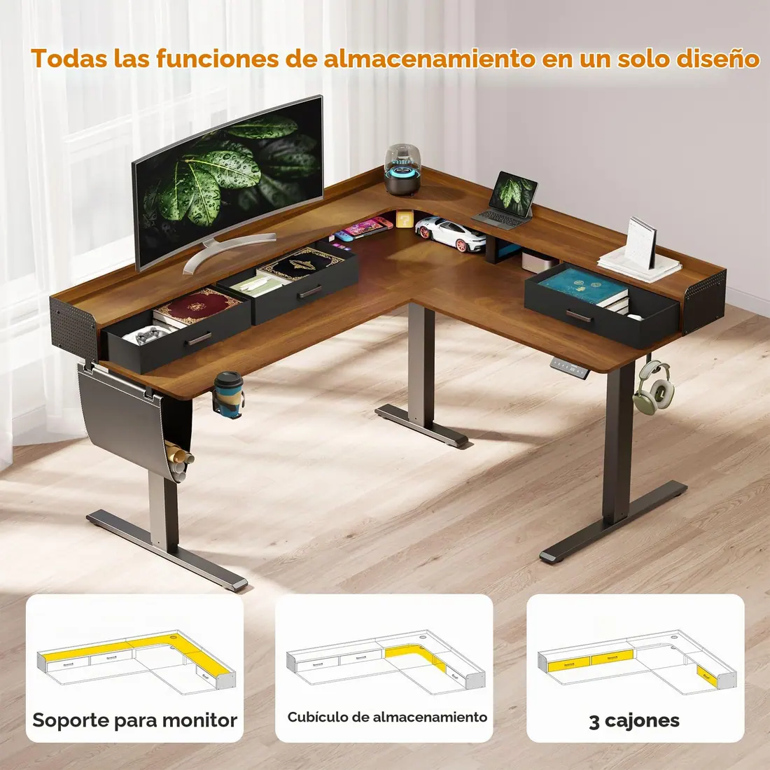 WALKINGDESK · Escritorio elevable en L 160 × 140 cm con tres cajones — vista 4